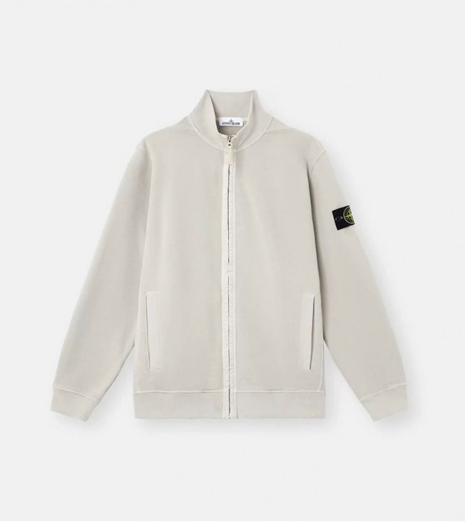 Stone Island Organic Cotton Fleece Full Zip Sweatshirt Pearl Grey