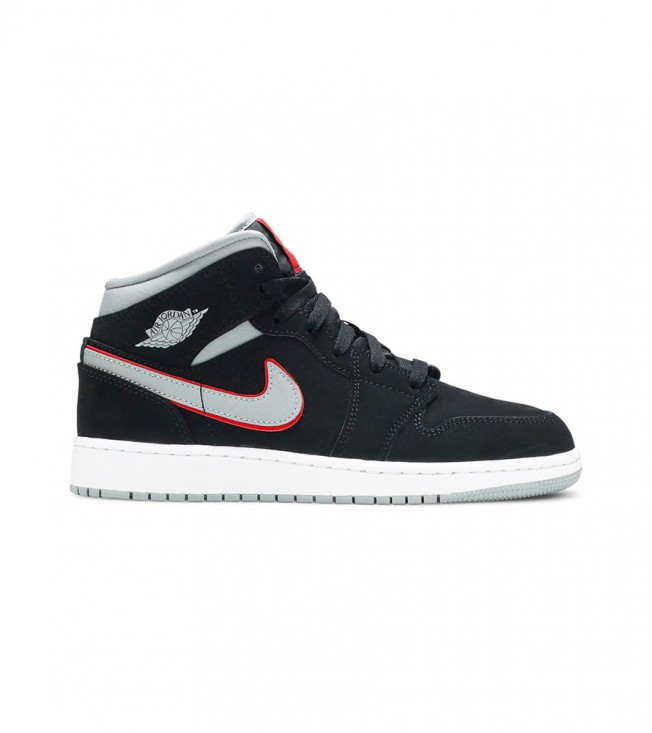 Кроссовки Air Jordan 1 Mid Black Particle Grey Gym Red GS