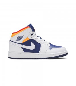 Кроссовки Air Jordan 1 Mid White Laser Orange Deep Royal Blue GS