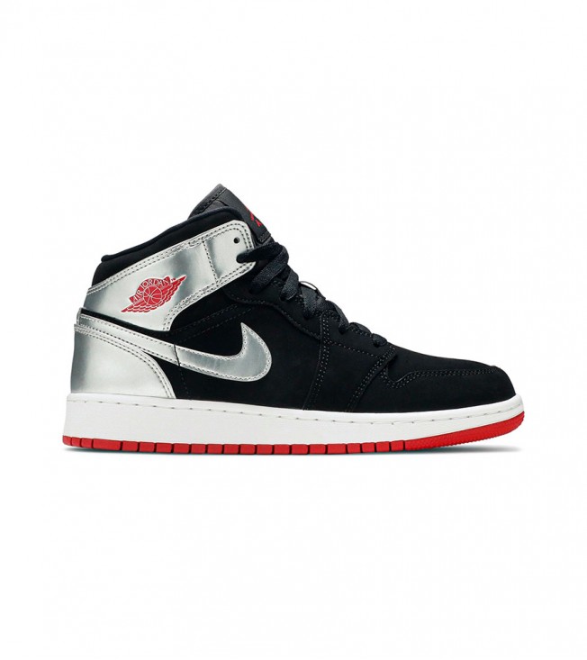 Кроссовки Air Jordan 1 Mid Black Red Silver GS