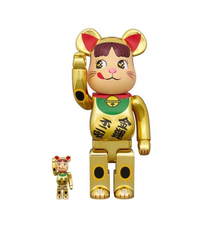 Bearbrick Milky Maneki Neko Peko-chan Money Luck Double Oval 100% & 400% Set Gold Plated