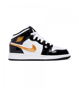 Кроссовки Air Jordan 1 Mid Patent Black White Gold GS